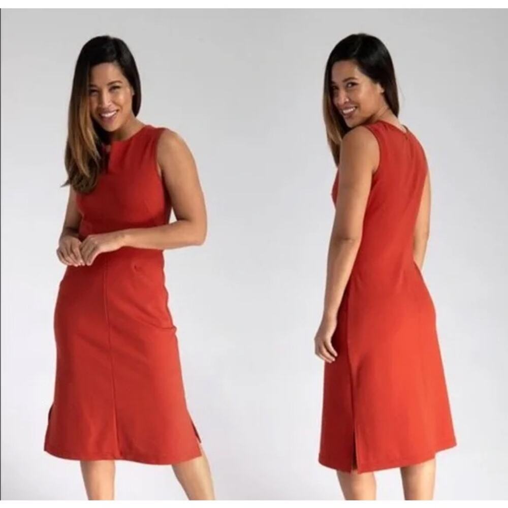 Betabrand Women's Sheath Midi Dress Side Pockets Side Slits Classic Professional